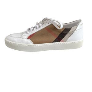 Burberry Women's White Salmond Check Low Top Leather Sneaker Shoe Size 10.5